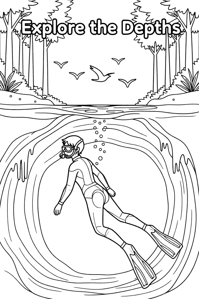 A free diver descending into a deep blue cave, with birds circling high above the treetops.