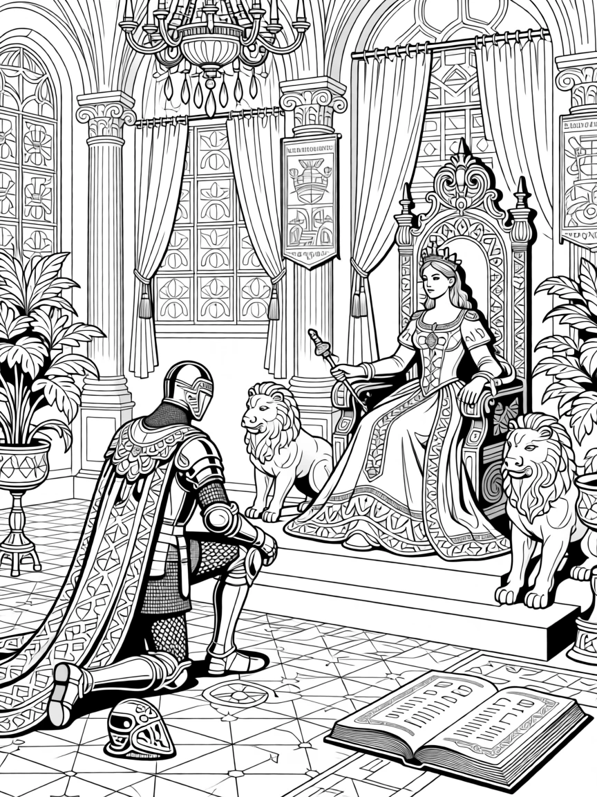 A knight kneeling before a queen in an ornate throne room.