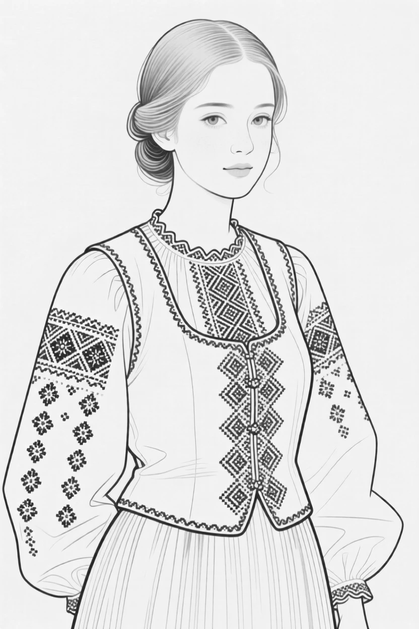 A portrait of a young woman wearing traditional folk clothing