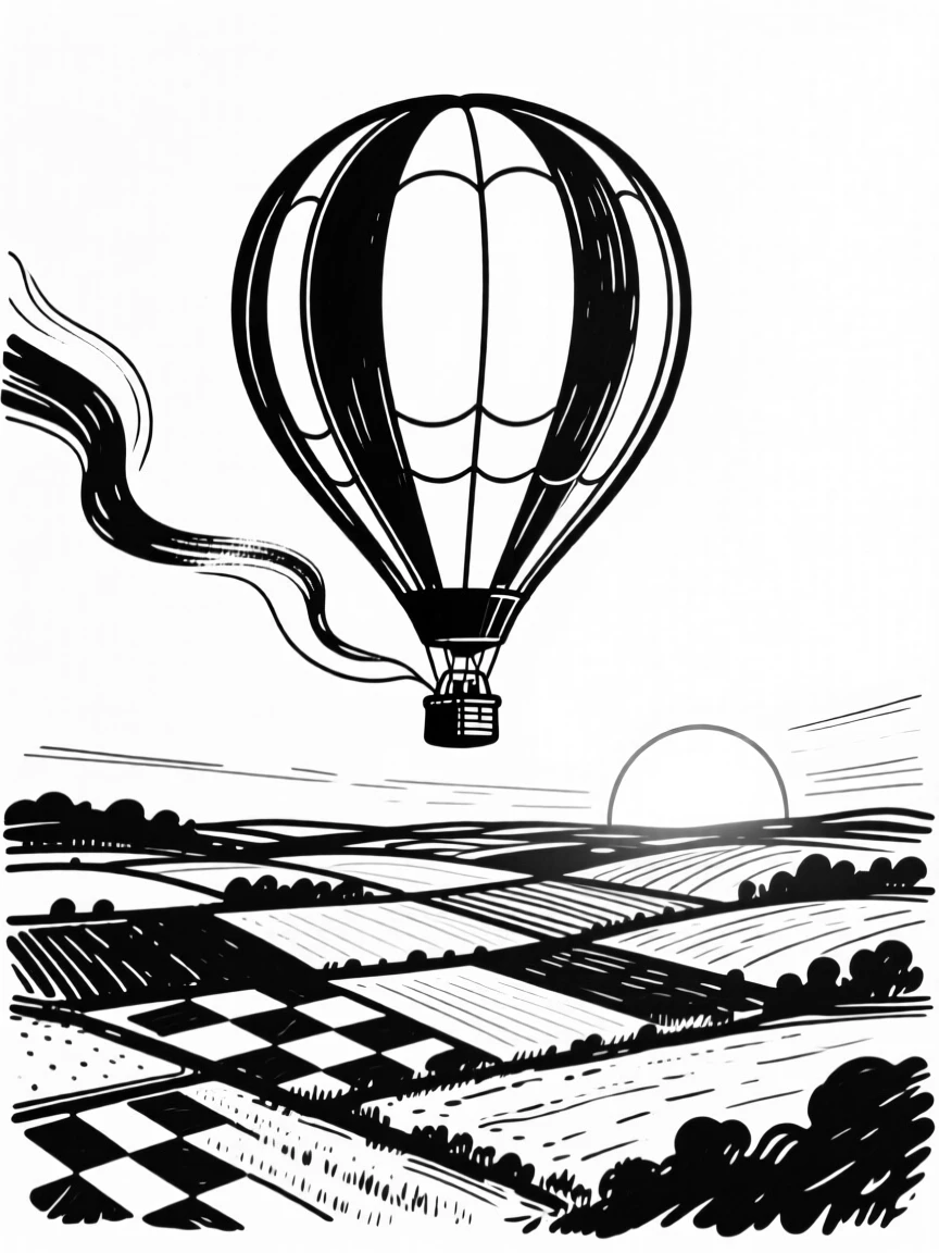 A tranquil hot air balloon floating over a patchwork countryside at dawn.