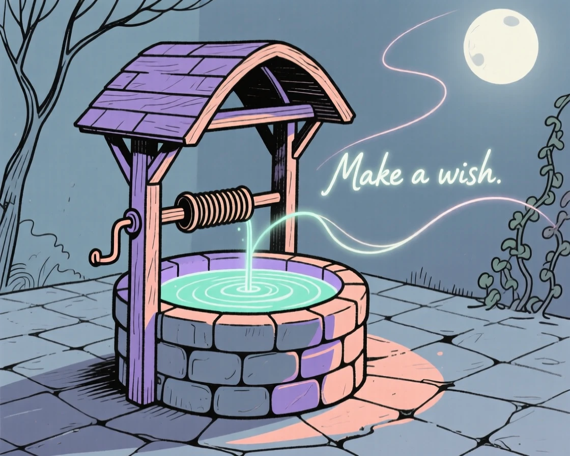 A magical wishing well glowing softly in a quiet moonlit courtyard.