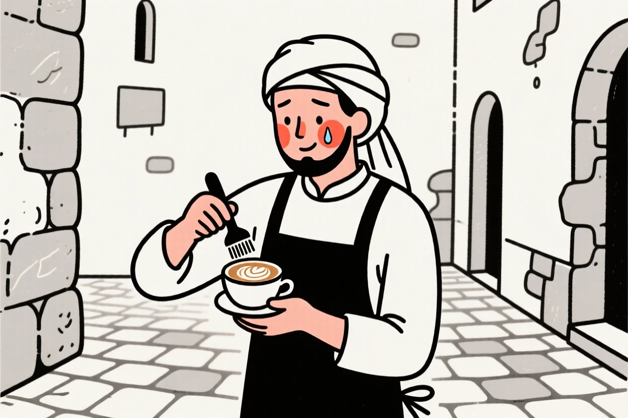 A barista of moroccan heritage crafting latte art, holding back happy tears, in an old stone courtyard.