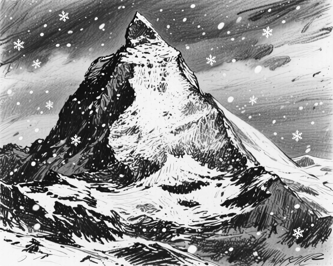 A snow-capped peak as a light snow begins to fall.