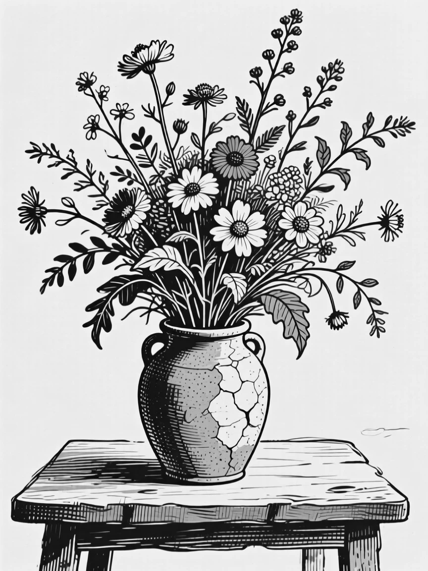 A bouquet of wildflowers gathered in a rustic ceramic vase.