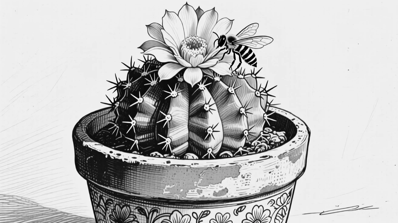 A cactus garden in a terracotta pot resting in an antique vase, with a bee resting on one bloom, composed in a gentle and fleeting still-life arrangement.