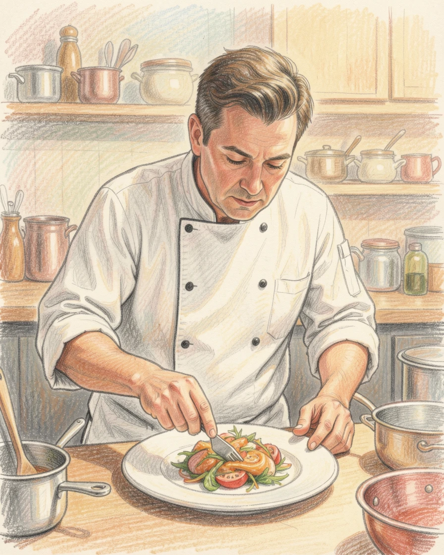 A chef carefully plating a dish in a warmly lit kitchen, set against a softly blurred, atmospheric background, capturing a fleeting, deeply relatable moment.