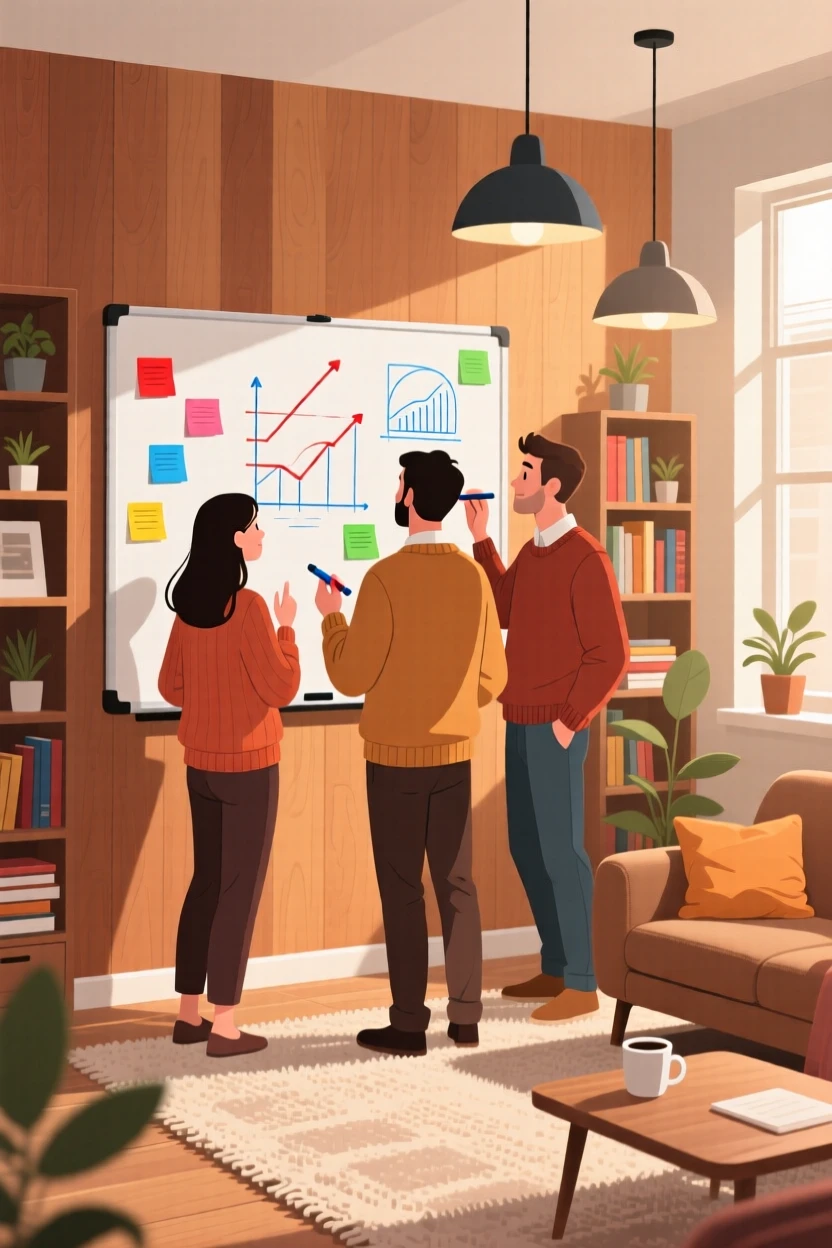 A group of coworkers brainstorming around a whiteboard, inside a cozy home filled with warm light, captured from behind to invite the viewer into the moment, with a sense of warmth and togetherness in every detail.