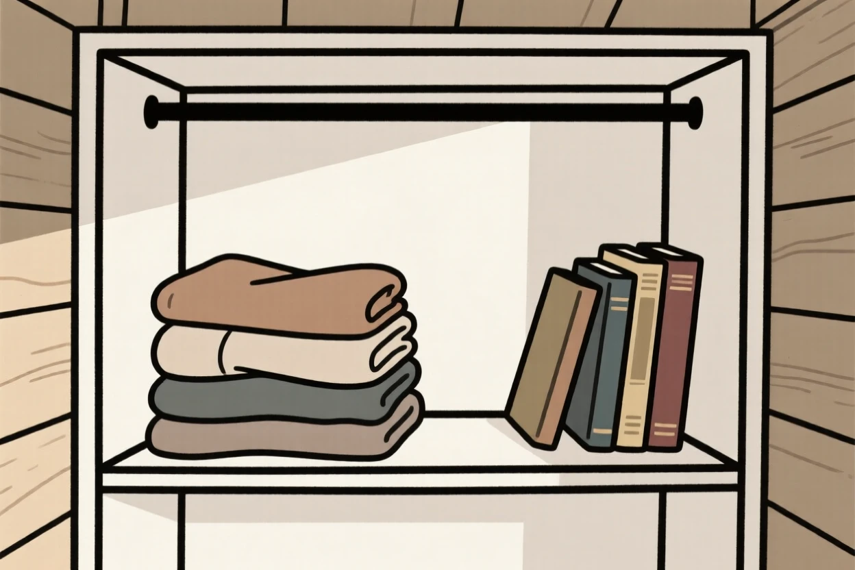 A morning scene of closet with folded clothes resting in a cabin retreat beside a stack of favorite books, radiating simple contentment.