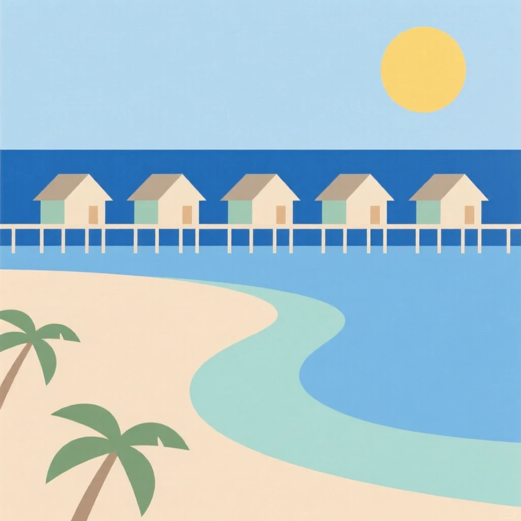 A tropical beach with overwater bungalows