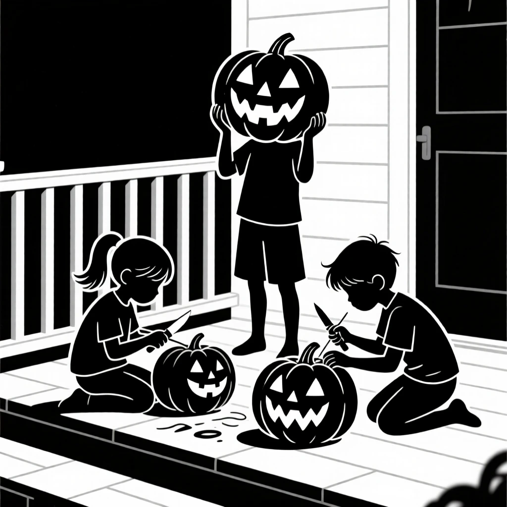 Children carving jack-o'-lanterns on a porch.