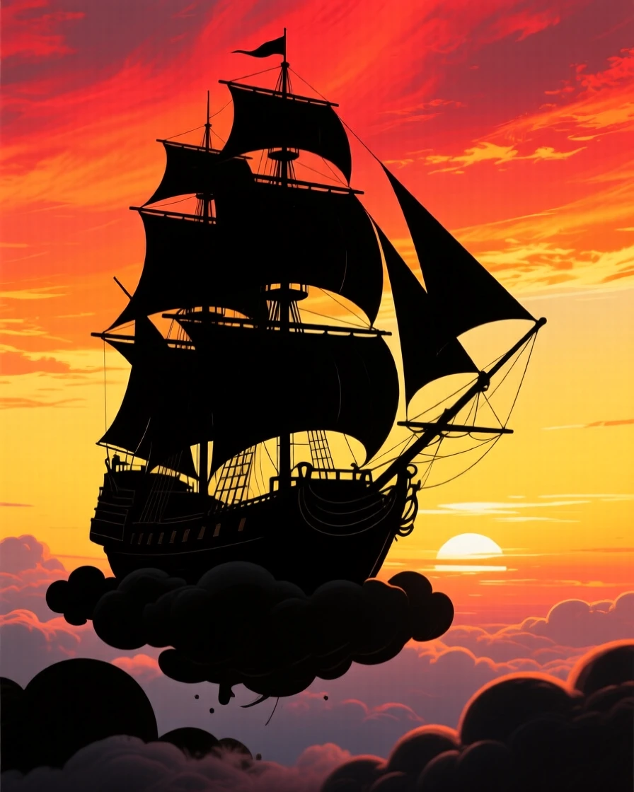 A ship sailing through the sky, propelled by great cloth sails and floating on clouds.