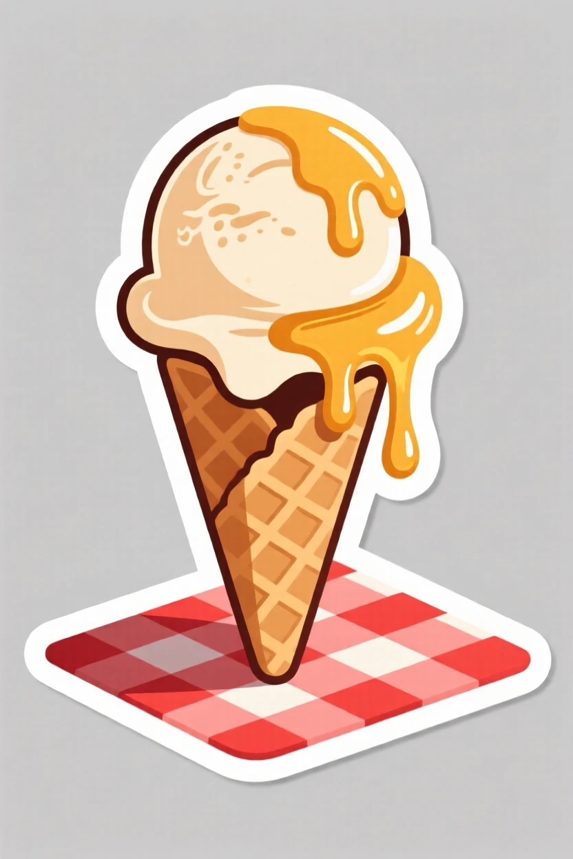 A picture-perfect scoop of melting ice cream on a cone, with honey drizzling down the side, on a checkered picnic blanket.