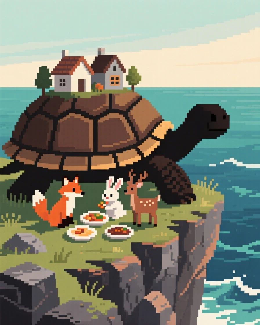 A giant turtle carrying a village on its shell sharing a meal with woodland creatures, on a windswept cliff overlooking the sea.