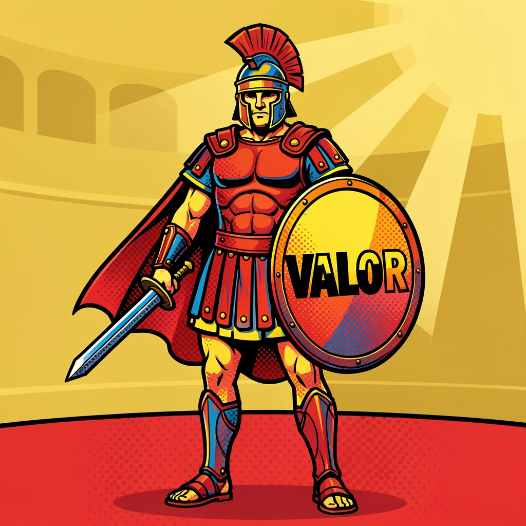 A Roman gladiator standing tall in a sunlit arena