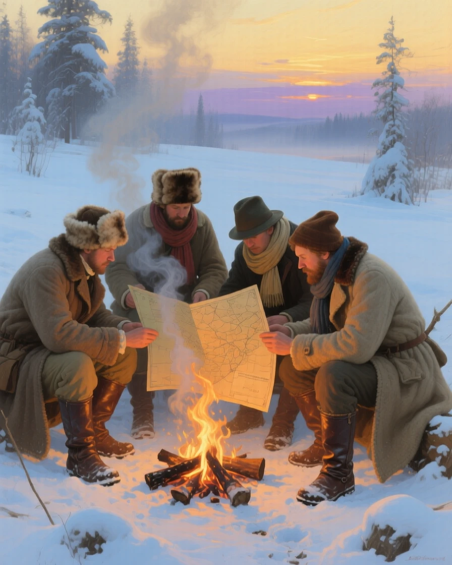 A balanced composition of a group of explorers studying a weathered map beside a campfire, at golden hour, under a fresh blanket of winter snow.