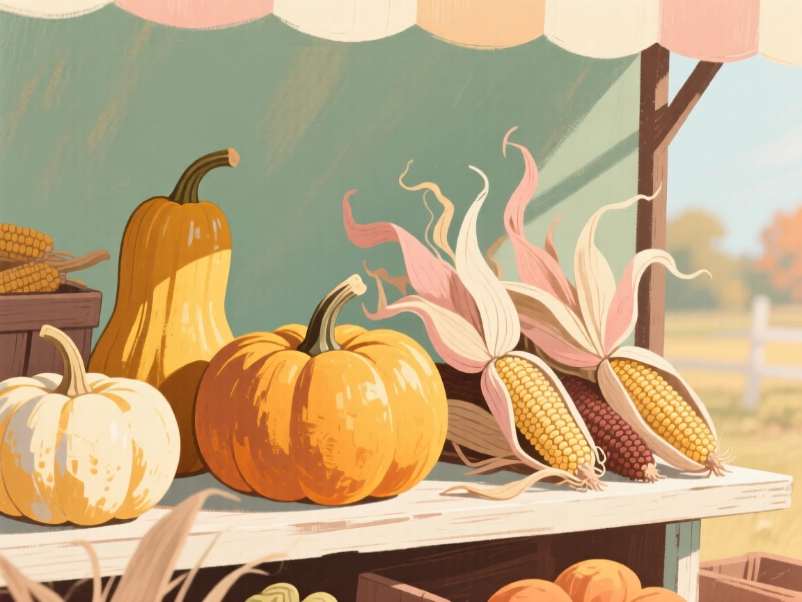 A farm stand display of golden squash and dried corn husks