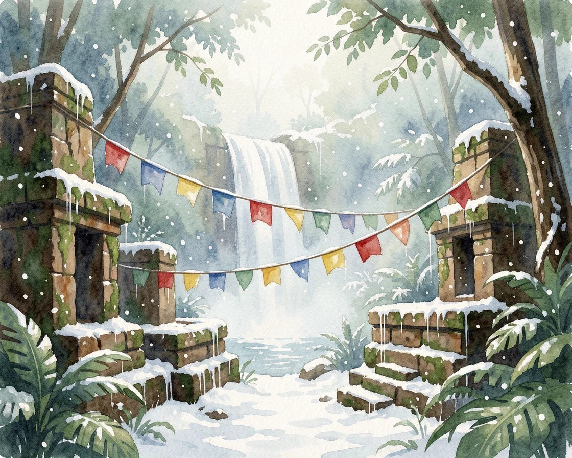 A jungle waterfall hidden behind ancient ruins during the first snow with colorful flags fluttering in the breeze.