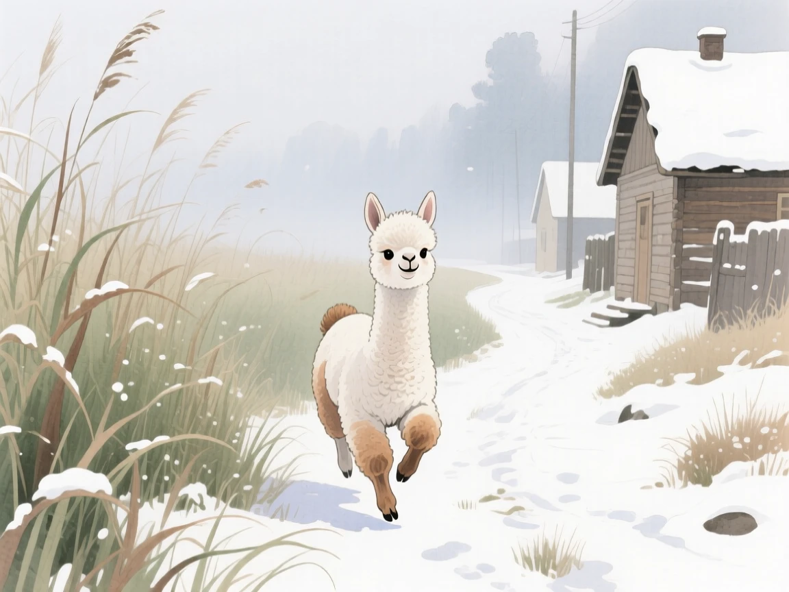 A baby llama hops through tall grass in a snowy village lane, as morning mist rises in the background