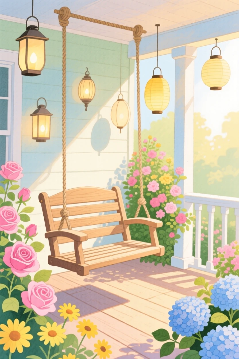 A porch swing surrounded by hanging lanterns, framed by blooming flowers and soft afternoon light.
