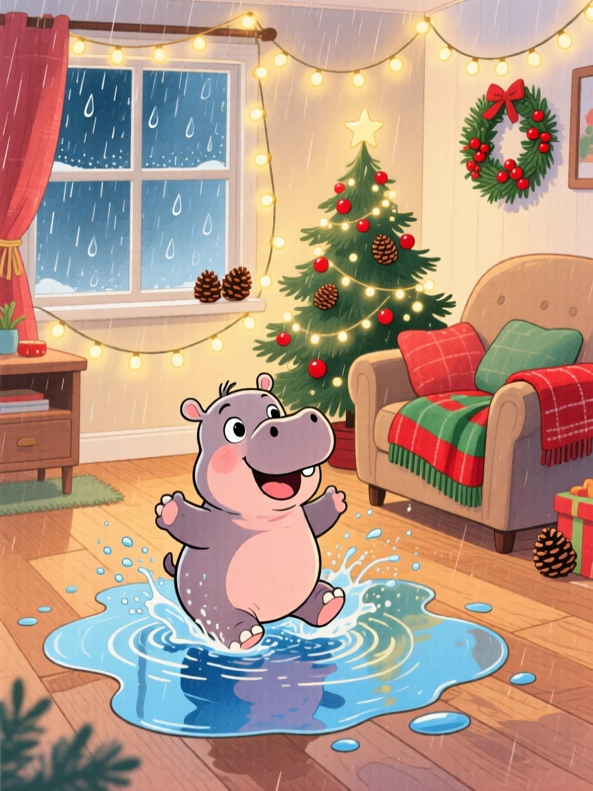 A baby hippo splashing happily in a puddle after rain, set in a snug living room decorated for the holidays, capturing a fleeting moment of quiet contentment.
