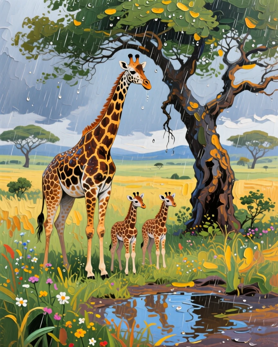 a giraffe family beneath acacia trees, during the first rain of the season, with layered visual detail from foreground to horizon.