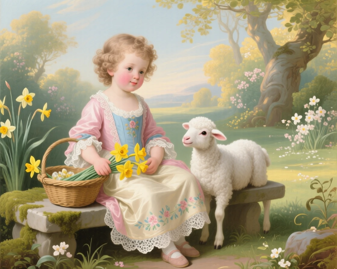 A springtime child’s portrait with a basket of daffodils and a tiny lamb  