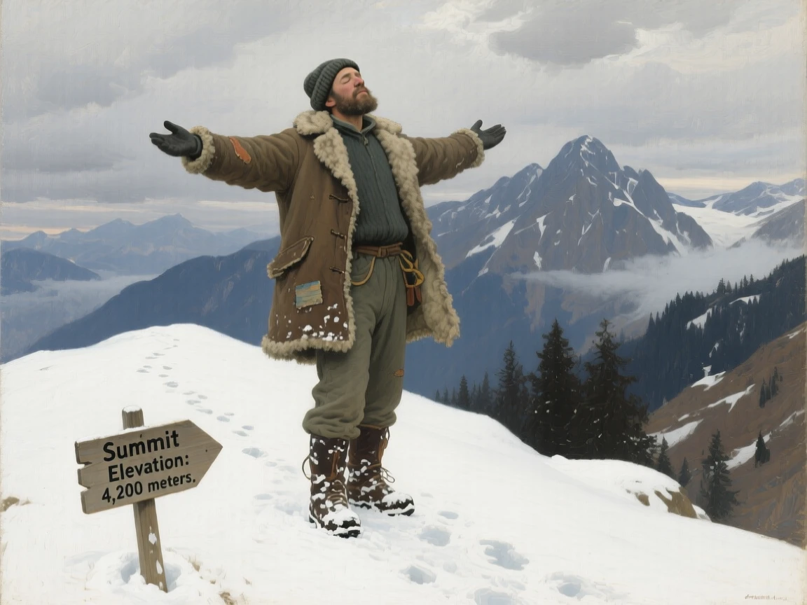 A mountaineer standing triumphantly at a snowy summit, arms outstretched, with the surrounding environment quietly reinforcing the emotion of the scene, capturing a universal, deeply human moment of emotion