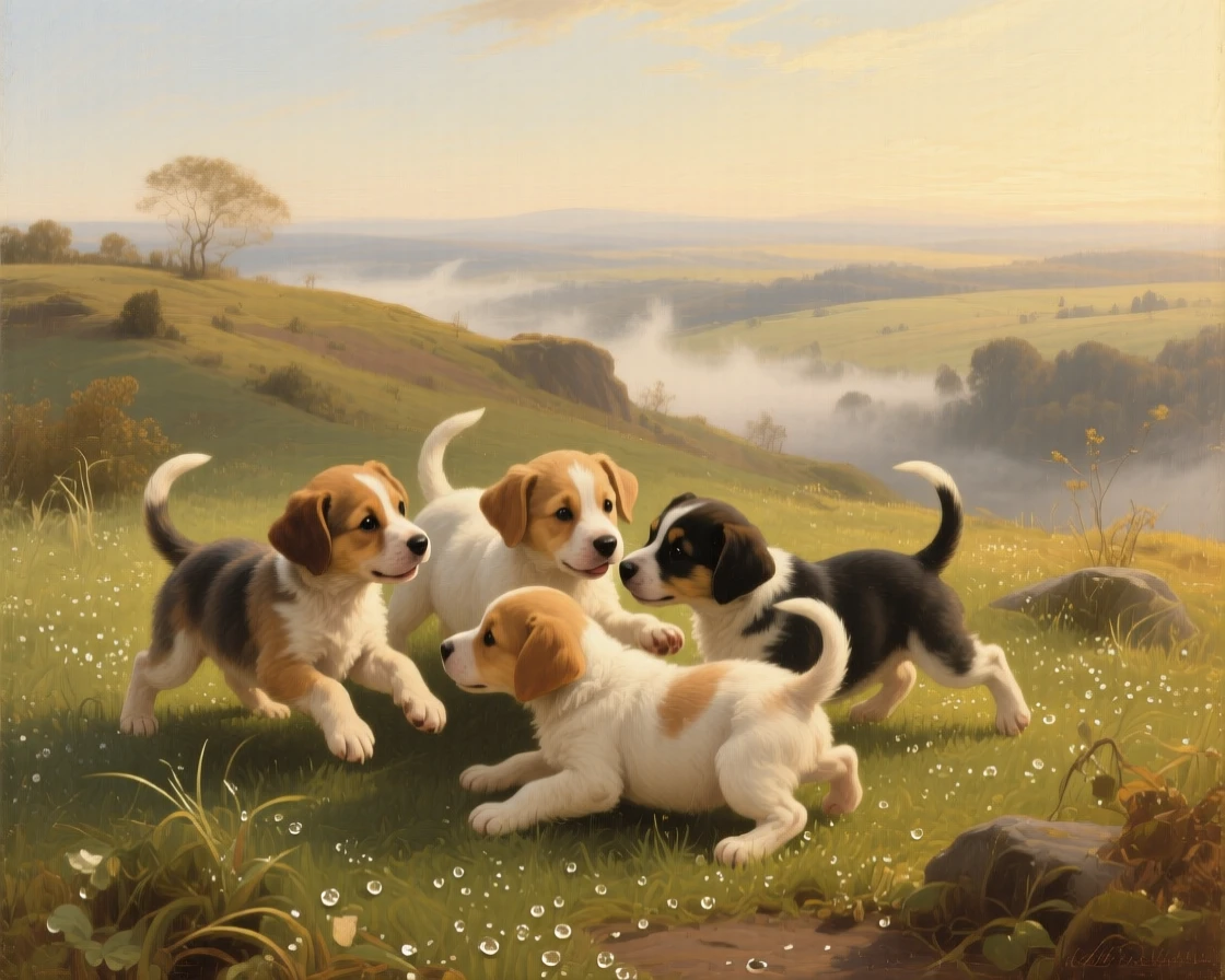 A litter of playful puppies tumbling in a sunlit garden in a fleeting instant of natural beauty rarely witnessed, set atop a windswept ridge overlooking a vast, open landscape, with dew-covered grass, drifting mist, and soft golden light; a low, respectful vantage point lends the creature quiet majesty, capturing a quiet, breathtaking moment of wild grace.