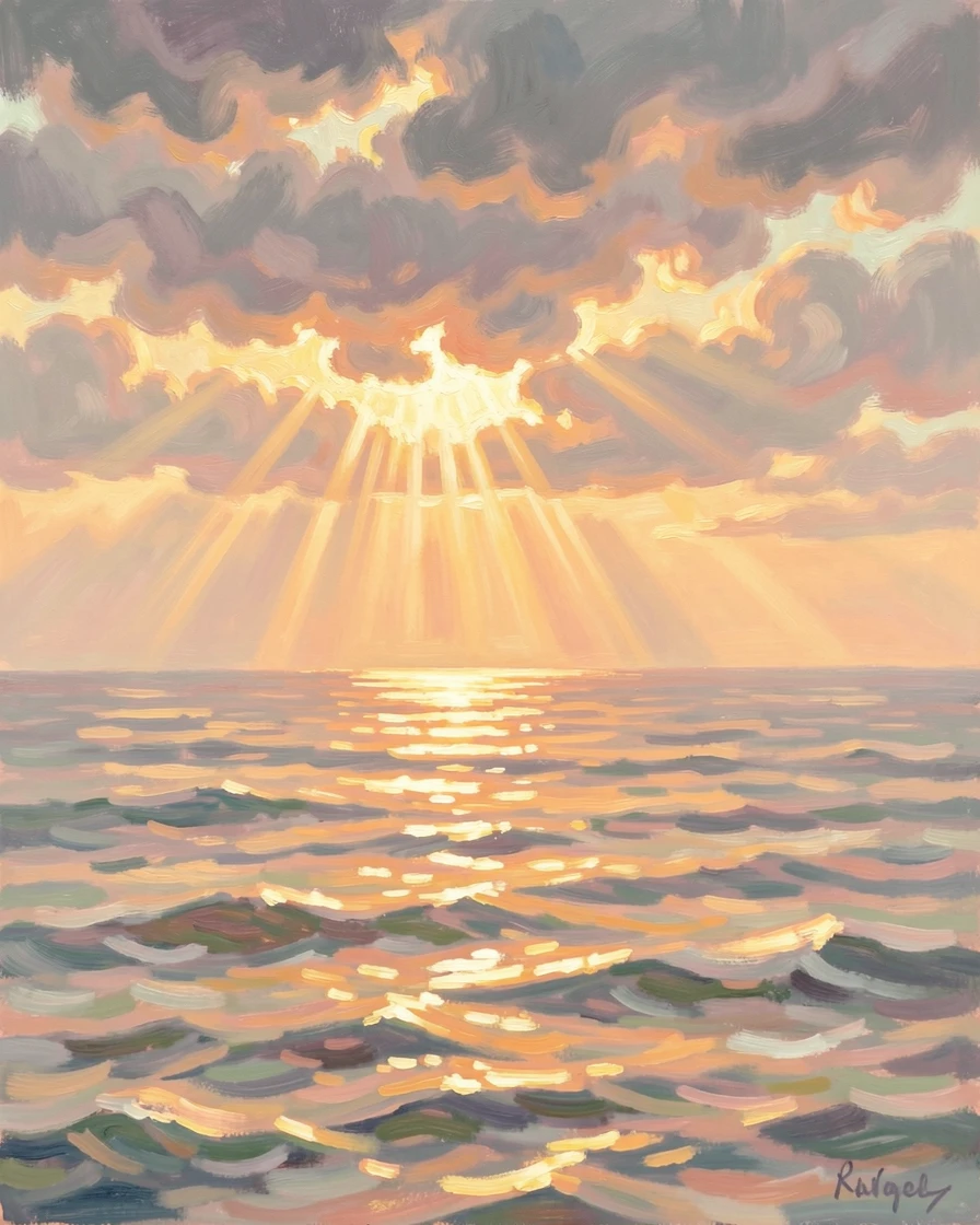 A dramatic sunset over the ocean, storm clouds parting to reveal shafts of golden light on the water.