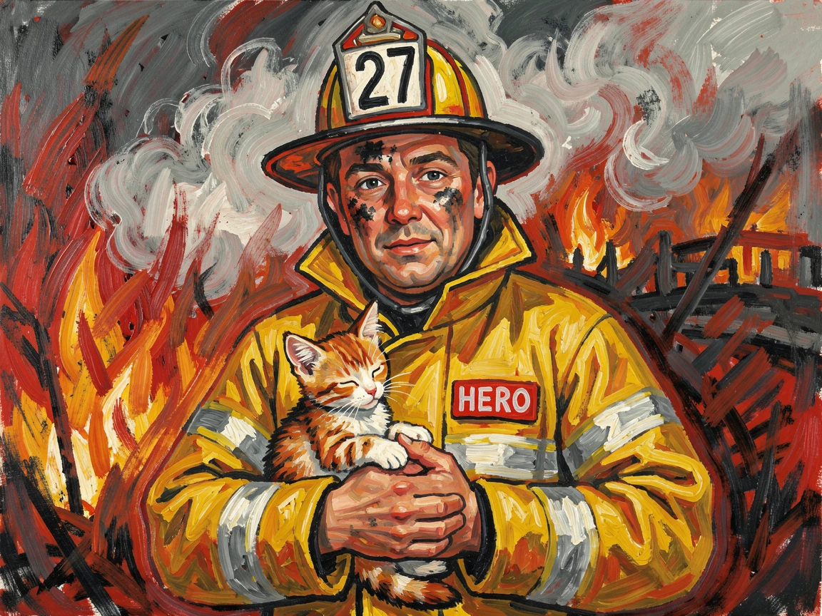 A firefighter cradling a rescued kitten, soot on his face, relief in his eyes.