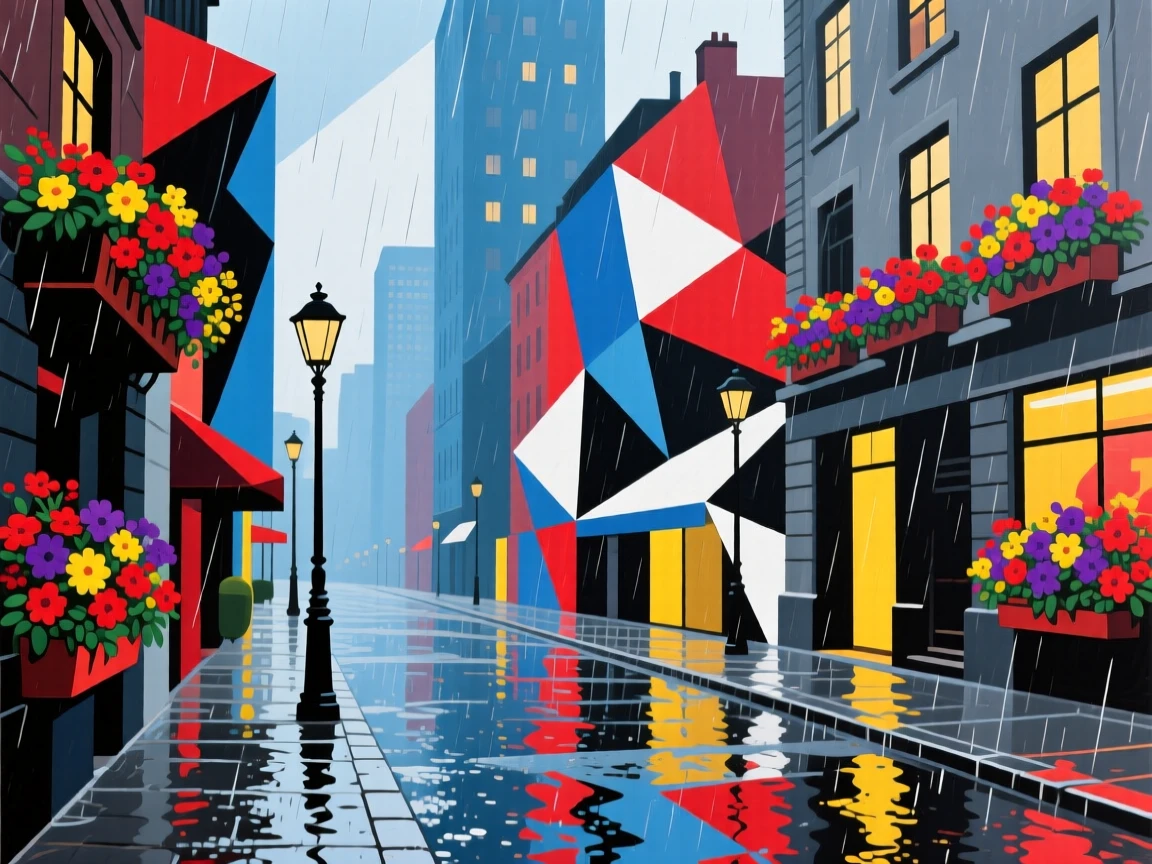 A vibrant scene of a rain-slicked city avenue lined with flower boxes overflowing with blooms.