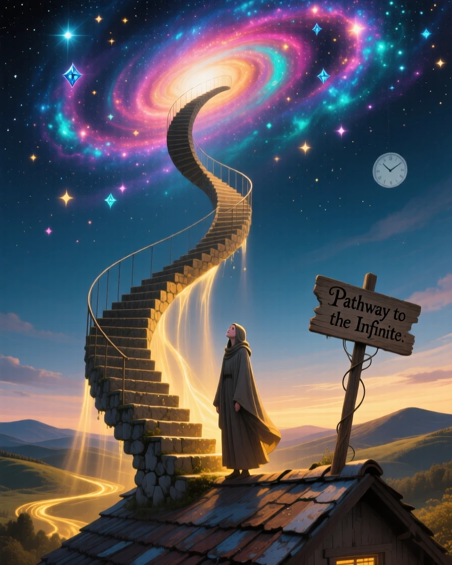 A staircase leading directly from a rooftop into the Milky Way illuminates a single figure standing in awe beneath it, as a soft golden light spills over distant sleeping hills.