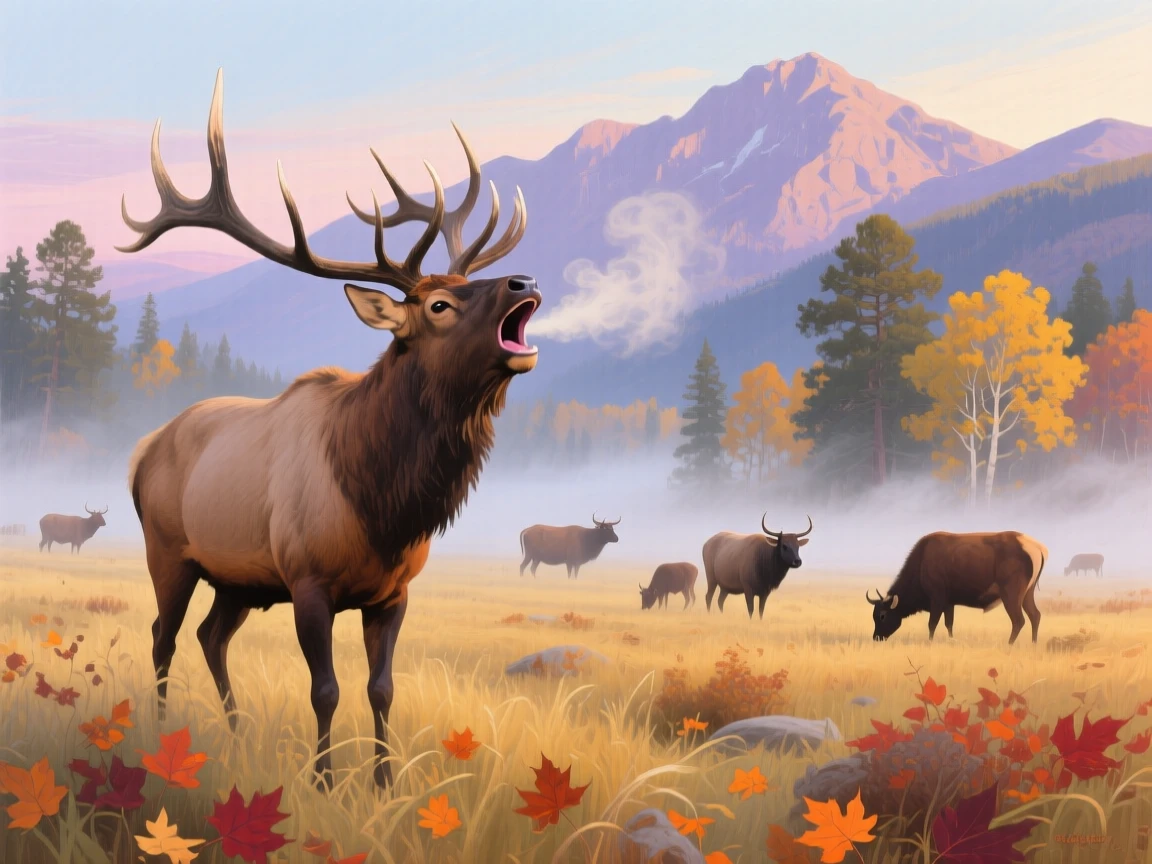 A majestic bull elk bugles during the autumn rut in a misty meadow in Rocky Mountain National Park, breath visible in the cold morning air, other members of its group visible nearby, reinforcing the social nature of the scene.