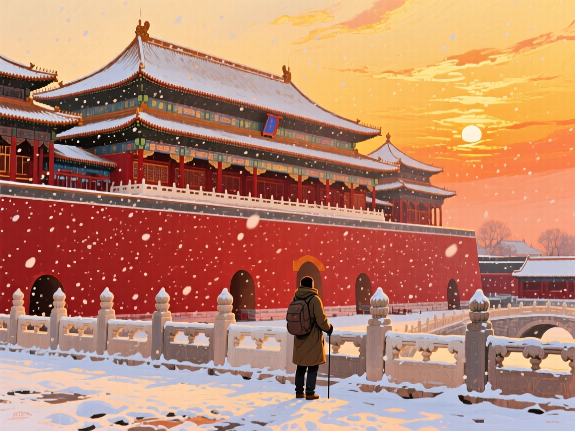 The Forbidden City's red walls beneath falling snow, bathed in golden sunset light, a lone traveler pausing to take in the view