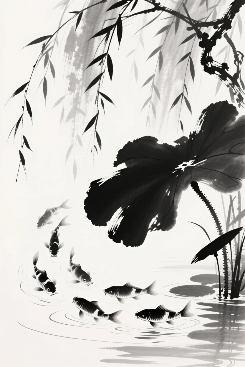 A school of koi swims beneath lotus leaves in a quiet pond, beneath the shade of overhanging willow branches.