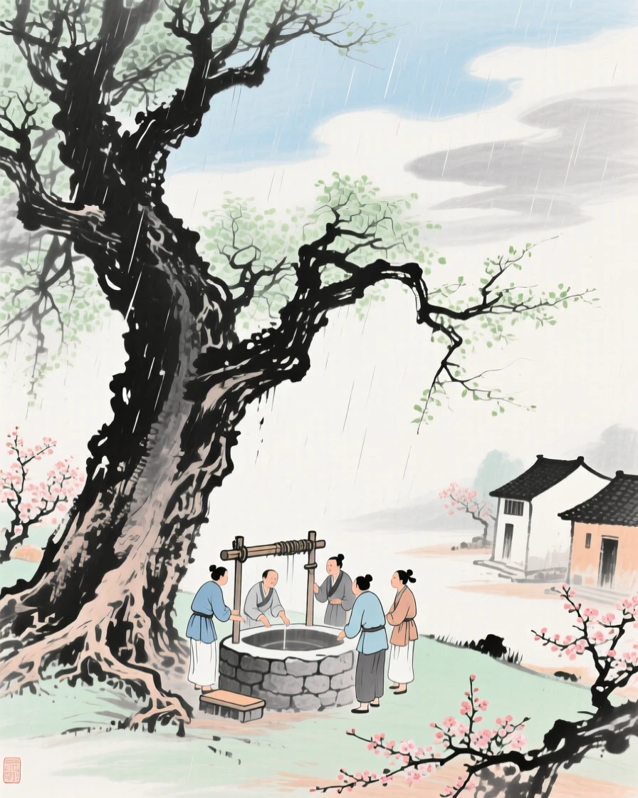 Villagers gathering at a well beneath an old banyan tree, under drifting clouds, beneath a sky washed clean by rain, as spring blossoms unfold.
