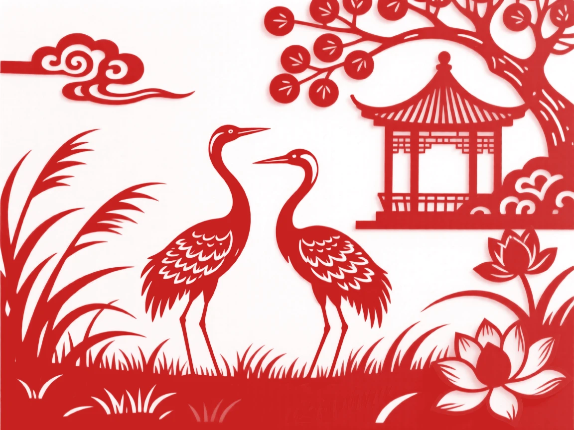 A composition of a pair of egrets across a windswept grassland, a small pavilion just visible through the trees.