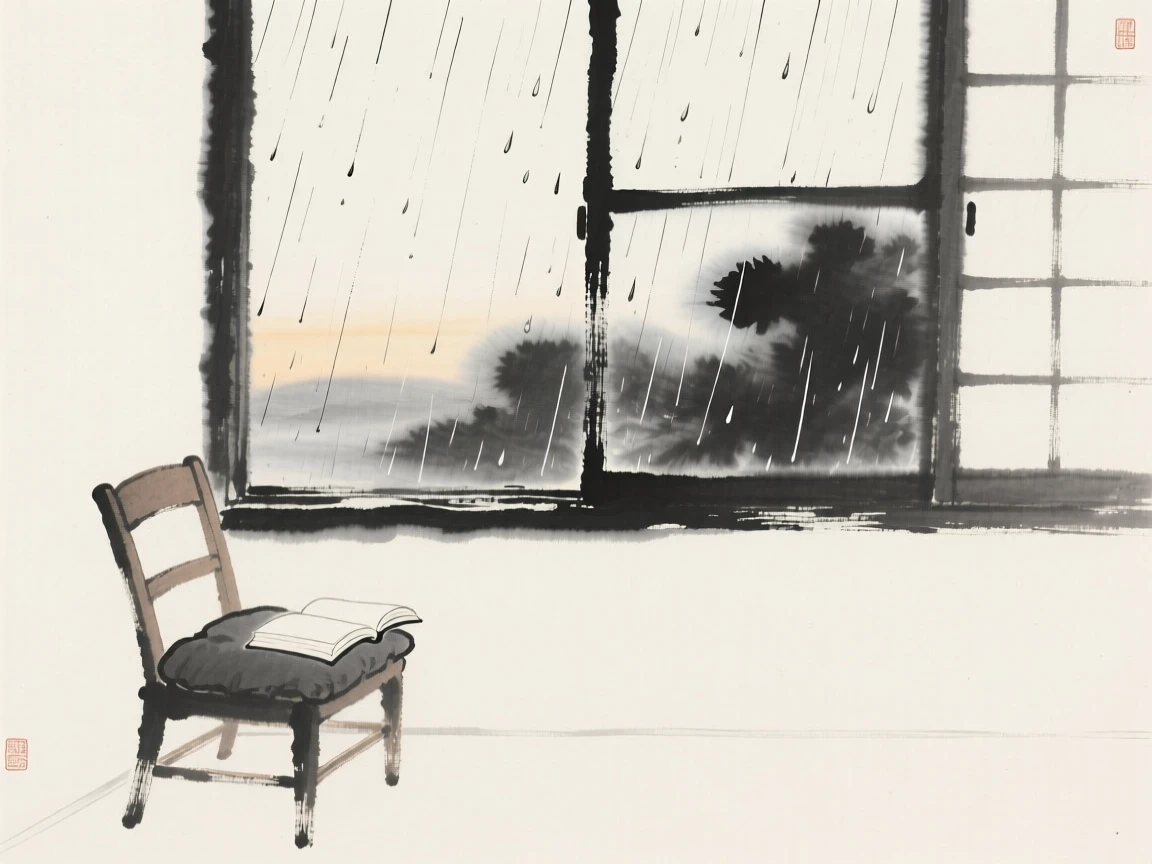 A quiet reading nook beside a rain-streaked window in the hush of early dawn, framed with soft, diffused light throughout, conveying a poetic sense of calm and reflection.