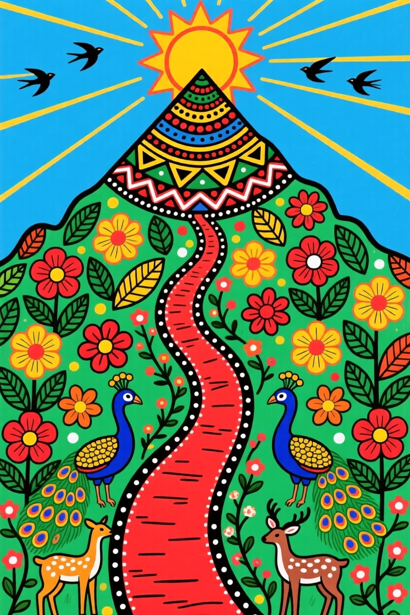 A narrow trail winding up a mountainside toward a distant peak.