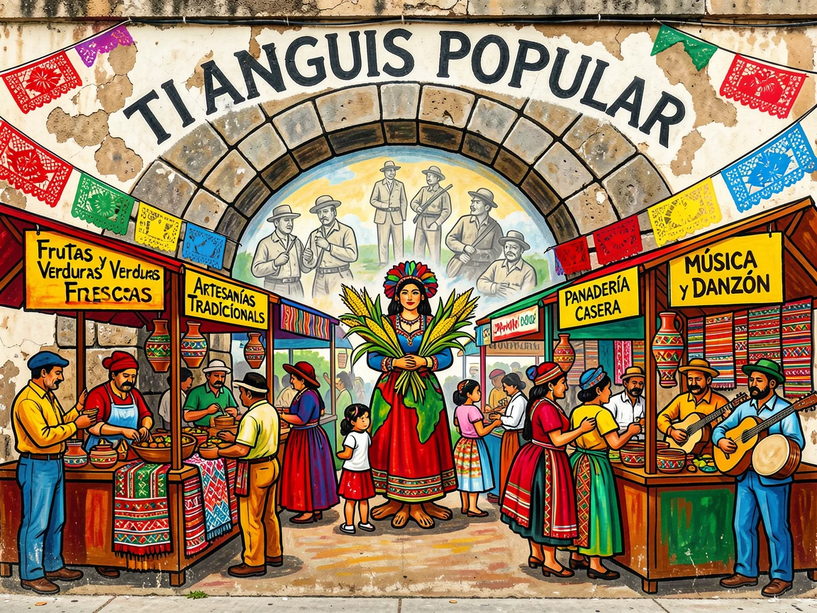A row of colorful market stalls beneath a stone archway