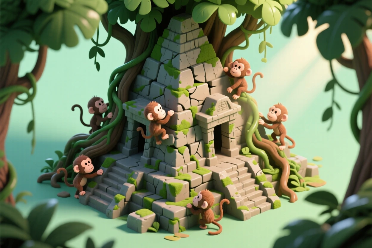 A hidden jungle temple ruin overtaken by vines and roots, sunlight streaming through gaps in the canopy, and monkeys climbing the ancient stones.