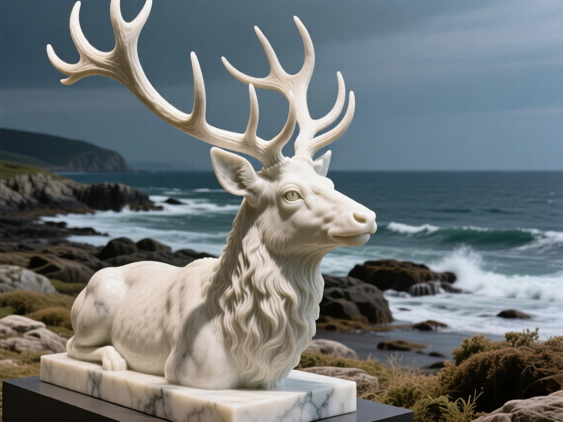 A striking close-up of a majestic stag with towering antlers, full of life and grace, along a rugged coastline