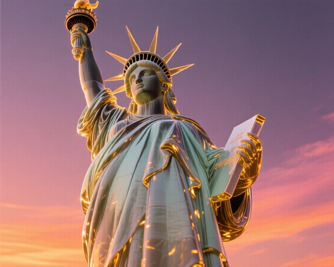 The Statue of Liberty at sunset, viewed from a dramatic low angle under a vivid sunset sky, warm golden light highlighting every architectural detail, awe-inspiring and grand.