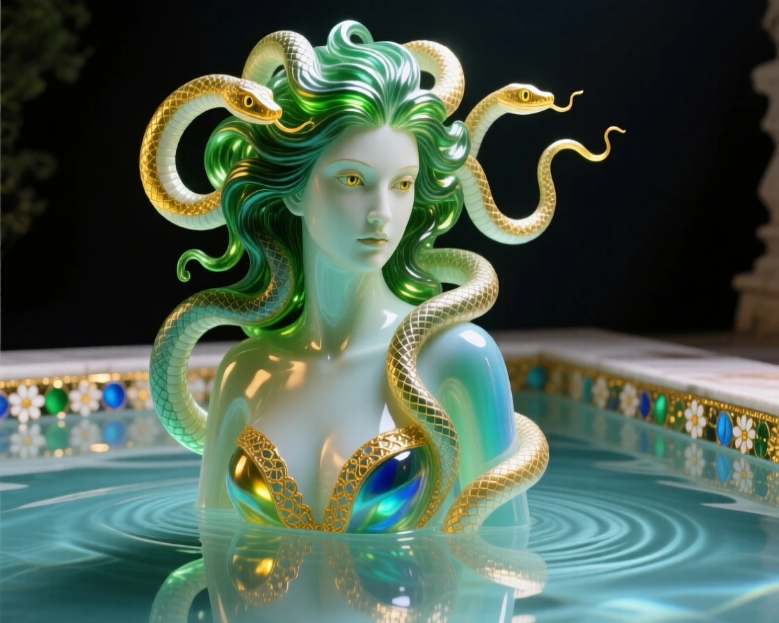Medusa's serpents coiling gently as she gazes into a still pool, haunting and beautiful.