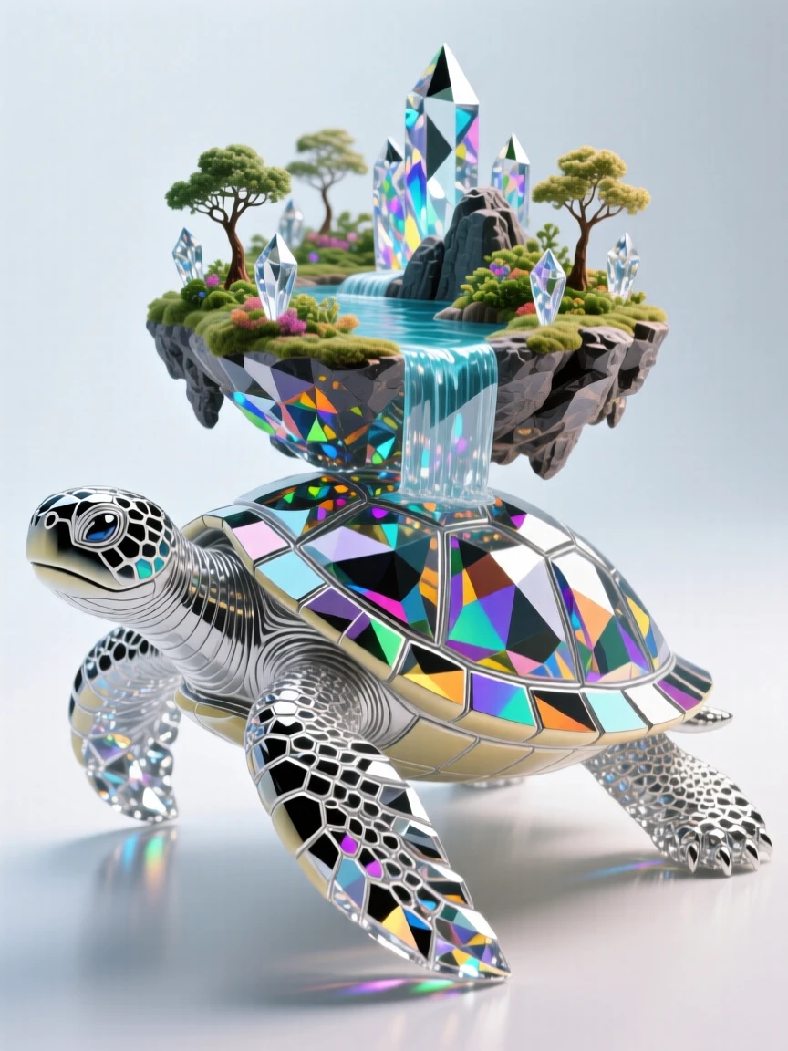 A giant turtle carrying an entire floating island ecosystem on its back through the ocean.
