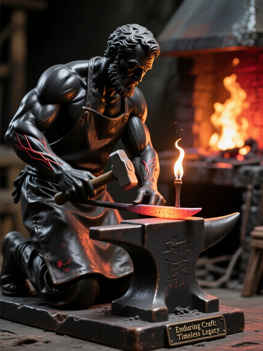 A blacksmith hammering at a glowing forge kneeling in reverent tribute, lit by flickering torchlight, conveying quiet authority and enduring legacy.