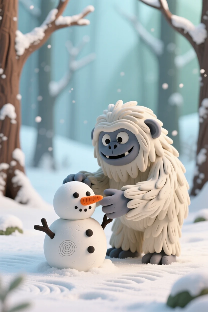 A snow yeti building a tiny snowman in a frosted forest clearing