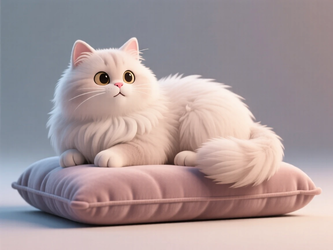 A fluffy Persian cat lounges regally on a velvet cushion, tail curled elegantly around its paws.