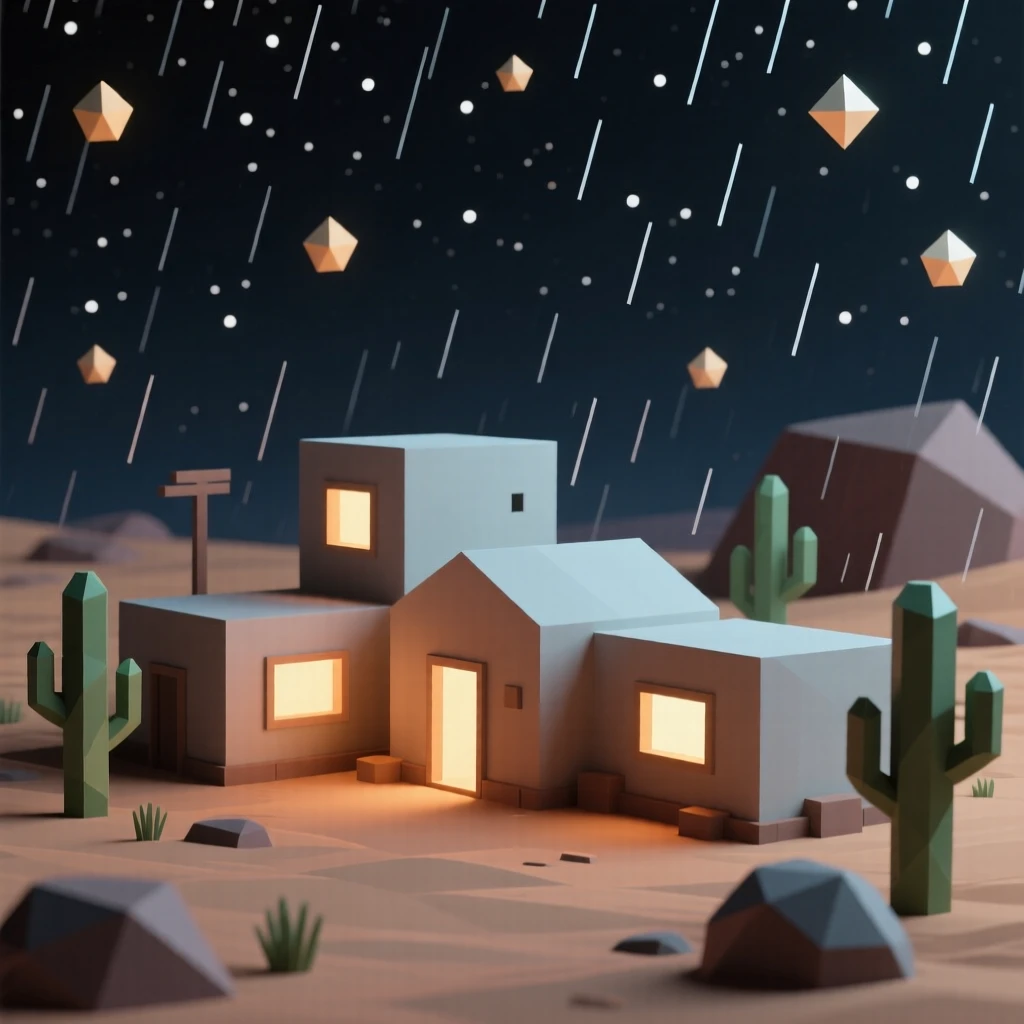A remote desert outpost beneath a star-filled sky, under a gentle evening rain. warm window lights add a cozy glow to the scene. There is a warm sense of nostalgia.