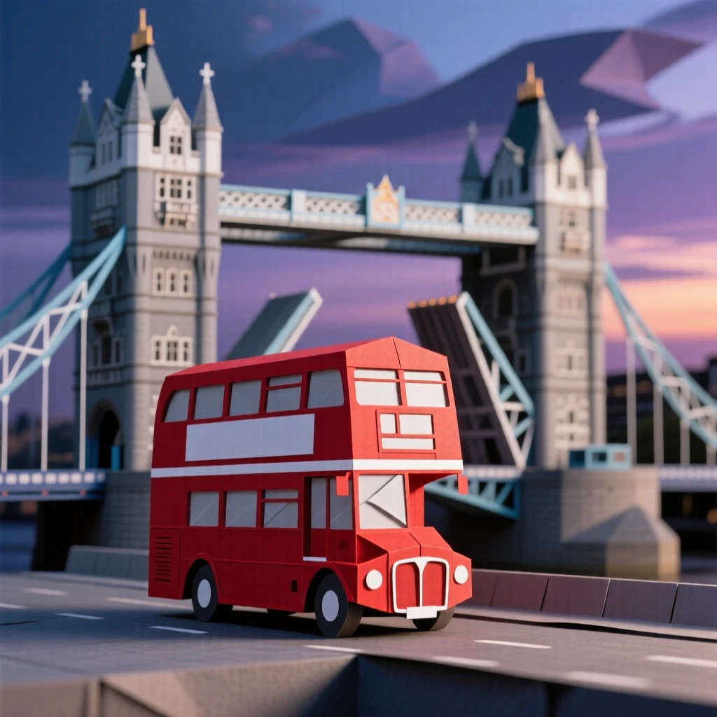 A red double-decker bus crossing Tower Bridge in London at dusk.